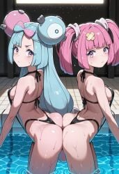 2girls ai_generated ass_to_ass black_slingshot_swimsuit black_swimsuit coral_(pokemon) embarrassed iono_(pokemon) light_blue_hair looking_at_viewer medium_breasts multicolored_hair pink_hair pokemon pokemon_trainer pool slingshot_swimsuit water