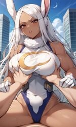 1boy 1girls ai_generated angry attitude attitude_adjustment boku_no_hero_academia breast_grab breasts cowgirl_position dark-skinned_female dark_skin female gloves groping interracial irritated large_breasts leotard light-skinned_male miruko muscular muscular_arms muscular_female my_hero_academia ndsilver059 pov pov_eye_contact pov_hands rabbit_ears rabbit_girl red_eyes rumi_usagiyama shirtless_male superheroine tagme unwanted white_hair