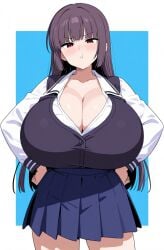 ai_generated annoyed annoyed_expression big_breasts long_hair please_don't_bully_me,_nagatoro president_(nagatoro) purple_hair red_eyes sana_sunomiya school_uniform schoolgirl