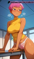 1girls 2025 ai ai_assisted ai_generated anime anime_girl anime_style arm_support artist_name average_breasts batman_(series) batman_beyond blush bow_panties breast breasts breath bust chair chest clothed_masturbation corner_masturbation covered_nipples crotch_rub dark-skinned_female dark_skin dc dc_comics dcau desk electroworld female heavy_breathing hi_res high_quality high_resolution highres indoors legs_apart legs_spread masturbation max_gibson medium_boobs medium_breasts normal_boobs normal_breasts open_legs panties patreon patreon_username pink_hair pink_panties pussy_juice pussy_juice_stain school_desk shirt short_hair solo splayed_legs spread_legs stable_diffusion sweat underwear watermark wet yellow_shirt