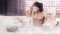 1boy 2girls 3d abs bath bathtub black_hair breasts character_request cherry_blossoms cleavage granado_espada hair_ribbon highres long_hair mifuyu_(granado_espada) mixed_bathing multiple_girls onsen partially_submerged phone ponytail ribbon ryanreos steam tied_hair towel towel_on_head white_hair