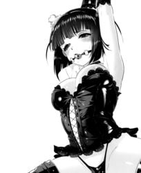 arms_up ball_gag bangs blunt_bangs bob_cut bondage boots breasts bustier choker cleavage elbow_gloves female forced_exposure gag gagged gloves hair_ornament highleg highleg_panties ikezaki_misa large_breasts monochrome panties queen_slave sadou_reika short_hair slave solo spread_legs teardrop thigh_boots thighhighs transparent_background underwear