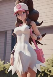 ai_generated brown_hair bulge erection erection_under_clothes futanari hilda_(pokemon) large_penis long_hair looking_away medium_breasts nipple_bulge nipples penis skinny smile thin_waist white_dress