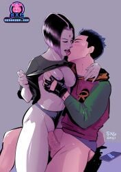 1boy 1girls black_hair damian_wayne dc dc_comics female goth goth_girl jacket kissing kissing_while_penetrated male penis rachel_roth raven_(dc) robin_(damian_wayne) robin_(dc) sex sexgazer teen_titans touching_breast