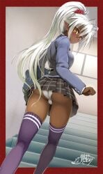 1girls :o antenna_hair ass bag blazer blue_bag blue_jacket blush border breasts cameltoe checkered_clothes checkered_scrunchie checkered_skirt cleft_of_venus crotch_seam dark-skinned_female dark_elf dark_skin dark_skinned_female dutch_angle elf elf_ears elf_female elf_girl eyes_visible_through_hair feet_out_of_frame female from_behind from_below grey_skirt hair_between_eyes hair_ornament hair_scrunchie highres holding holding_bag indoors jacket kneepits long_hair looking_at_viewer looking_back looking_down medium_breasts ookuma_(nitroplus) ookuma_nekosuke orange_eyes outside_border panchira panchira_(standing) panties pantyshot parted_lips partially_visible_vulva plaid_clothes plaid_skirt pleated_skirt pointy_ears ponytail purple_thighhighs pussy_visible_through_clothes pussy_visible_through_panties pussy_visible_through_pantsu red_border red_scrunchie sansei_muramasa school_bag school_uniform scrunchie signature skindentation skirt solo soukou_akki_muramasa stairs teeth thighhighs trefoil turning_head underwear upskirt very_long_hair white_hair white_panties yellow_eyes