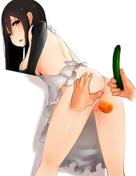 anus apron ass black_gloves black_hair breasts brown_eyes carrot censored chikuma_(kantai_collection) cucumber elbow_gloves female gloves kantai_collection long_hair looking_back male_hand naked_apron object_insertion pussy shellcedar solo_focus spread_anus vaginal_insertion vaginal_penetration white_background