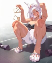 1girls 2d 2d_(artwork) 2d_artwork animal_ears armpits arms_up arttoru ass bare_shoulders bench big_breasts bikini blush boku_no_hero_academia breasts bunny_ears cameltoe cleavage clothes_hanger clothing collarbone curvy dark-skinned_female dark_skin dumbbell eyelashes female female_focus female_only highres holding_clothing holding_hair holding_object human large_breasts lips long_hair looking_at_viewer micro_bikini mirko miruko my_hero_academia open_mouth red_eyes rumi_usagiyama seductive shiny_skin shorts simple_background skindentation sleeveless smile solo solo_female sports_bra sportswear squatting swimsuit teeth thick_thighs thighs tongue voluptuous white_hair