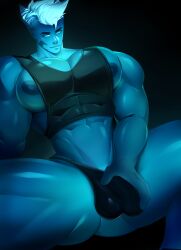 bara_tiddies bara_tits blue_body blue_hair blue_skin gasaiv horns nipples_visible_through_clothing pecs pectorals tank_top