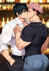 2boys ai_assisted ai_generated bara bara_ass bara_tiddies big_ass big_butt big_pecs big_thighs friends_dad friends_father fushiguro_touji gay gigantic_ass haruartx huge_ass intimate itadori_yuuji jujutsu_kaisen kissing making_out male male/male male_ass male_only suit toji_fushiguro yaoi