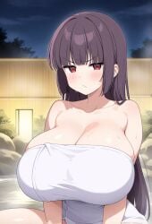 ai_generated annoyed annoyed_expression big_breasts hot_spring long_hair onsen please_don't_bully_me,_nagatoro president_(nagatoro) purple_hair red_eyes sana_sunomiya towel towel_only