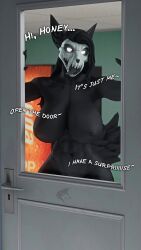 1girls 3d abs athletic_female behind_door big_breasts dialogue huge_breasts looking_at_viewer ludexus mal0 malo monster_girl scp-1471 scp-1471-a scp_foundation skull_head solo