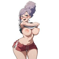 ai_generated ayase_seiko beehive_(hairstyle) beehive_hairdo breasts dandadan dolphin_shorts glasses grey_hair navel nipples open_mouth shorts stripping taking_clothes_off