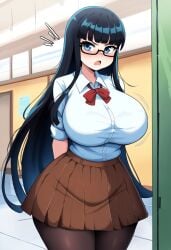 ai_generated annoyed arms_behind_back black_hair blue_eyes blush brown_skirt classroom freckles fully_clothed glasses hallway hime_cut long_hair looking_at_viewer nerd novelai school school_uniform sequence stable_diffusion vore