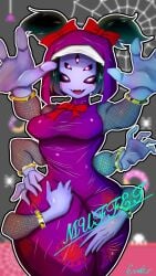 5_eyes big_breasts blush clothed clothing donut evelser female jewelry looking_at_viewer monster_girl muffet ribbon spider_girl spider_web thick_thighs undertale undertale_(series) watermark