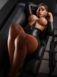 3d antonia_(fortnite) arm_behind_head big_breasts breasts breasts_out brown_hair dark-skinned_female dark_skin earrings epic_games fortnite fortnite:_battle_royale laying laying_down laying_on_back lipstick looking_at_viewer partially_clothed raviana_brwl red_lipstick short_hair tagme tie