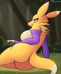 absurd_res acuagosh anthro ass bandai_namco blue_eyes canid canine digimon digimon_(species) digital_media_(artwork) female hi_res mammal renamon simple_background solo