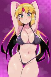 1girls big_breasts black_bikini blonde_hair blue_eyes blush buzzlyears hands_behind_head long_hair mega_man mega_man_zx prairie sexy_pose