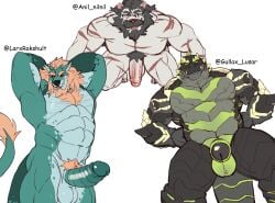 2024 all_fours anthro arm_scar armpit_hair balls beard black_body black_fur black_hair black_scales body_hair canid canine canis chest_scar chest_tuft cybernetics cyborg dragon erection eyewear facial_hair felid front_view fur genitals gio_madfang glasses green_body green_eyes green_scales grin group hair hands_behind_head hands_on_waist hi_res hybrid kaiju karegador_(gullax_lusasr) kinkyjar2 leg_scar lhjal2 looking_at_viewer machine male mammal mane mechanical_arm muscular muscular_anthro muscular_male mythological_creature mythological_scalie mythology nude nude_anthro nude_male orange_body orange_eyes orange_fur orange_hair pantherine penis penis_towards_viewer pubes red_eyes rymulus scales scalie scar scars_all_over smile standing tiger trio tuft wearing_glasses white_body wolf