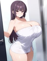 ai_generated annoyed annoyed_expression big_breasts breasts_bigger_than_head busty fat_breasts grumpy long_hair please_don't_bully_me,_nagatoro president_(nagatoro) purple_hair red_eyes sana_sunomiya shower top_heavy towel towel_only