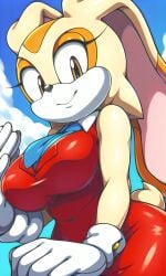 aged_up ai_generated blue_tie brown_eyes bunny_girl busty clothed cream_fur cream_the_rabbit curvy day dress female female gloves looking_at_viewer outdoors pixai red_dress sky smile solo sonic_(series) sonic_the_hedgehog_(series) tall_female tie tight_clothing upper_body