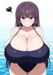 ai_generated annoyed annoyed_expression beach big_breasts bikini long_hair please_don't_bully_me,_nagatoro president_(nagatoro) purple_hair red_eyes sana_sunomiya