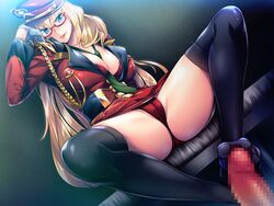 bed black_legwear blonde_hair blue_eyes bra breasts cameltoe censored censored_penis cleavage eyebrows_visible_through_hair feet female femdom footjob footjob_with_legwear footjob_with_one_foot game_cg glasses gloves hat highres kangoku_joou_~do_s_onna_kanshu-tachi_ni_yoru_m_otoko-ka_choukyou~ kyouka_(kangoku) large_breasts legs legwear long_hair looking_at_penis looking_down mosaic_censoring nana_g no_shoes panties penis red_panties skirt smile solo_focus spread_legs thighhighs thighs tied underwear uniform white_gloves