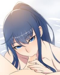 ban bare_shoulders blue_eyes blue_hair character_request collarbone cum cum_in_mouth fellatio female grisaia_no_kajitsu highres kusakabe_asako looking_at_viewer oral penis ponytail tied_hair uncensored