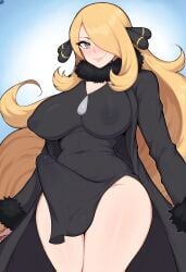 ai_generated blonde_hair cynthia_(pokemon) futanari grey_eyes large_breasts large_penis long_hair wide_hips