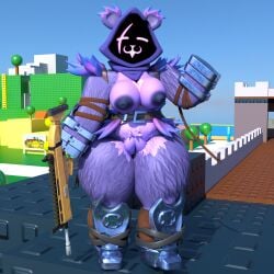 background belt belt_buckle bitch boots breasts breasts_out closed_eyes curvy_figure dumb dumb_face ear fortnite gun hair metal_gloves nearlyepoint nipples purple_body pussy pussy_hair raven_team_leader raven_team_leader_(fortnite) roblox robloxian rtx scar silly smile stupid tree wave wide_hips yapping