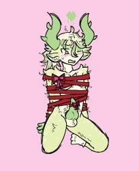 blush bow_on_penis green_eyes green_penis horns kneeling knotted_penis legacy_medkit_(phighting) male_only missing_eye phighting restrained ribbon ribbon_bondage socks socks_only solo submissive_male tied_up twink white_fur white_hair