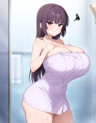 ai_generated annoyed annoyed_expression big_breasts long_hair please_don't_bully_me,_nagatoro president_(nagatoro) purple_hair red_eyes sana_sunomiya shower towel towel_only