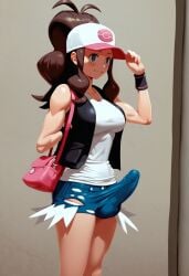 ai_generated brown_hair bulge bulge_through_clothing fit fit_futanari futanari hilda_(pokemon) large_penis long_hair toned