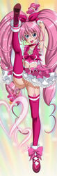 blue_eyes bow clothed_masturbation clothing cure_melody female highres houjou_hibiki leg_up long_hair magical_girl masturbation midriff navel no_panties pink_bow pink_hair precure pretty_cure pussy skirt stockings suite_precure thighhighs tied_hair tooo twintails vibrator vibrator_in_anus vibrator_in_thighhighs