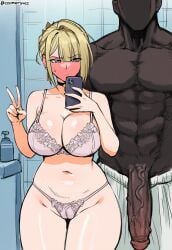 ai_generated big_penis blonde_hair blue_eyes blush breasts color coomersucc cuckold curvaceous curvy dark-skinned_male evelyn_chevalier female gigantic_ass gigantic_penis huge_breasts huge_cock imminent_sex impossible_fit large_breasts light-skinned_female light_skin lingerie male muscular nipples ntr peace_sign penis phone photo taking_picture thick thick_ass thick_legs thick_penis thick_thighs thighs veiny_penis voluptuous wide_hips zenless_zone_zero