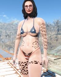 fallout_4 glasses micro_bikini nora_(fallout_4) qos qos_tattoo queen_of_spades tattoo