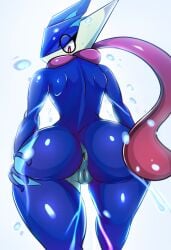 anthro anus ass big_butt blue_body female generation_6_pokemon genitals greninja half-closed_eyes hand_on_leg hand_on_thigh hi_res leg_grab long_tongue looking_back membrane_(anatomy) narrowed_eyes nintendo pokemon pokemon_(species) presenting presenting_hindquarters pussy red_eyes simple_background solo spread_butt spreading thick_thighs thigh_grab tongue webbed_hands white_background zerrymon