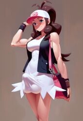 ai_generated brown_hair bulge bulge_through_clothing erection erection_under_clothes fit futanari hilda_(pokemon) large_penis long_hair looking_at_viewer medium_breasts nintendo penis pokemon skinny smile testicle_bulge testicles thin_waist toned white_dress