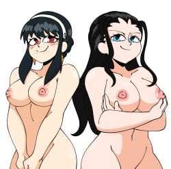 2girls bad_link black_hair blue_eyes blush breasts closed_mouth completely_nude female female_only highres long_hair looking_at_viewer multiple_girls navel nico_robin nipples nude one_piece qtip_xd red_eyes smile spy_x_family third-party_source v_arms white_background yor_briar