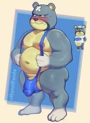 2025 animal_crossing anthro areola balls band-aid bandage barazoku barefoot bear belly belly_overhang big_balls big_belly big_bulge big_penis blue_background blush bodily_fluids border bulge clothed clothing curt_(animal_crossing) detailed_bulge fat feet flaccid frown genital_outline genitals hi_res huge_belly humanoid_genitalia humanoid_penis hunnipanda ineffective_clothing looking_away male male_only mammal moobs narrowed_eyes navel nintendo nipples one-piece_swimsuit overweight overweight_anthro overweight_male penis penis_base penis_outline simple_background skimpy sling_bikini sole_male solo standing sweat sweatdrop swimwear thick_arms thick_thighs white_border