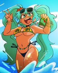 aqua_eyes aqua_hair bikini brazilian_miku can dark-skinned_female dark_skin female glasses_on_head hatsune_miku highres holding holding_can ocean qtip_xd solo swimsuit vocaloid wading