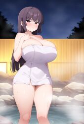 ai_generated annoyed annoyed_expression big_breasts hot_spring long_hair onsen please_don't_bully_me,_nagatoro president_(nagatoro) purple_hair red_eyes sana_sunomiya towel towel_only