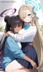 asuna_(blue_archive) blonde_hair dark-skinned_female hug karin_(blue_archive)