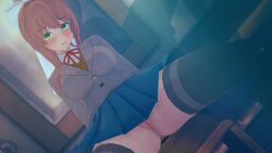 doki_doki_literature_club legs_apart legs_spread looking_at_viewer mashirosolera monika_(doki_doki_literature_club) presenting