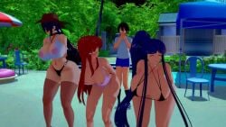 1boy 3girls ahoge armpits ass big_breasts bikini black_hair blunt_bangs breasts chiharu_shinonome densuke_mifune eiken female female_only hair_ornament high_ponytail highres hizuki_touko huge_ass huge_breasts kagaku_na_yatsura kirika_misono long_hair lookmanilikeit1 multiple_girls parted_bangs ponytail purple_eyes purple_hair red_eyes red_hair smile tagme thong very_long_hair video