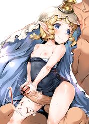 ajishio blonde_hair cameltoe censored covered_navel female filasopila granblue_fantasy handjob nipples one-piece_swimsuit penis small_breasts smile swimsuit