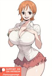 ai_generated brown_eyes clothing fantasyprompt female female_only hands_on_breasts huge_breasts nami_(one_piece) one_piece orange_hair schoolgirl schoolgirl_uniform short_hair smile