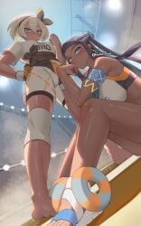 2girls bare_arms bare_legs bare_shoulders bare_thighs bea_(pokemon) big_breasts black_hair blue_eyes blush clothed clothing color dark-skinned_female dark_skin female female_focus female_only game_freak grey_hair gym_leader haska_(user_gure4787) hi_res large_breasts long_hair looking_at_viewer nessa_(pokemon) nintendo pokemon pokemon_ss pokemon_trainer short_hair solo_female tagme thick_thighs