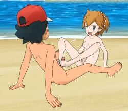 1boy 1boy1girl 1girl1boy 1girls beach black_hair blush blush closed_eyes cum cum_on_body cum_on_breasts cum_on_face cumshot female footjob green_eyes kasumi_(pokemon) naked naked_female naked_male nude nude_female nude_male orange_hair pokemon pokemon_masters pokemon_masters_ex satoshi_(pokemon) saucemon7 self_upload