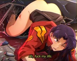 ass ass_up black_skirt blush bottomless broken_glass car_accident crash detailed_background english_text khyleri long_hair miniskirt misato_katsuragi neon_genesis_evangelion one_eye_closed open_mouth red_jacket shards solo_female tears tights upskirt violet_hair wound