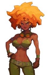 belt belt_buckle bra dark_skin estyy goggles goggles_around_neck midriff orange_hair strong_woman